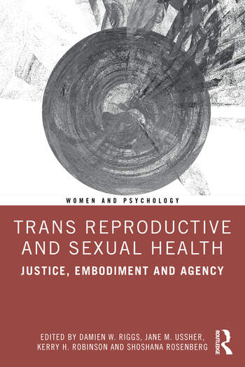 Cover image of a book, Trans Reproductive and Sexual Health. The cover image is an abstract grey circle with messy lines extruding from the top right.