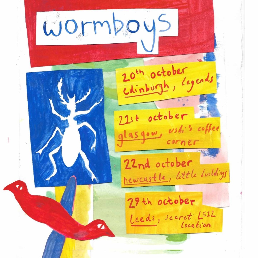 wormboys tour poster, featuring tour dates on a multicoloured background, with an inverted silhouette of a beetle plus a friendly worm or snake-like creature with two faces.