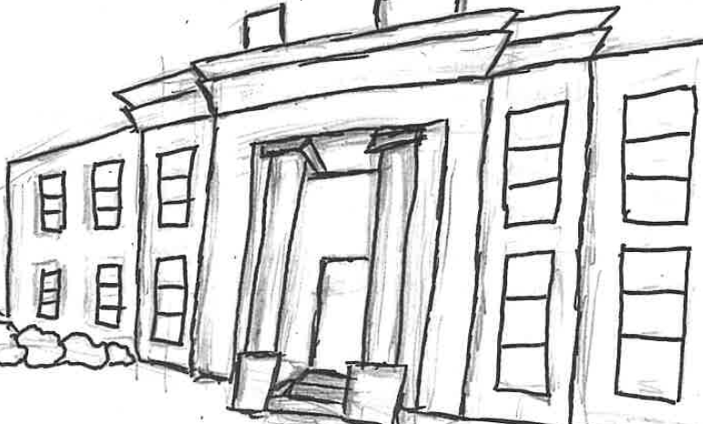 Sketch of an imposing school building