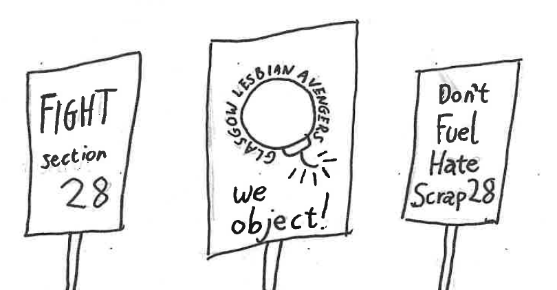 sketch of placards, reading Fight Section 28, Glasgow Lesbian Avengers: we object!, and Don't Fuel Hate Scrap 28